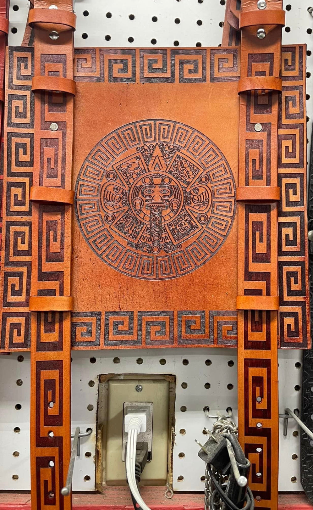 Leather Blanket Roll Straps- Aztec calender